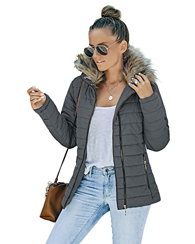 Vetinee Women Casual Faux Fur Lapel Zip Pockets Quilted Parka Jacket Puffer Coat Odyssey Grey Large (Fits Us 12-Us 14) #TOP4