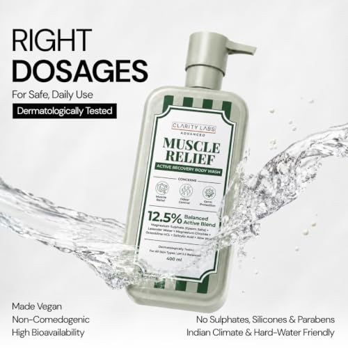 Image of Muscle Relief Epsom Body Wash with 12.5% Active Blend | Epsom Salt, Magnesium Chloride, Lavender & Aloe Vera | Post Workout, Sports Recovery, Body Ache & Sore Muscle Shower Gel for Men, Women, Boys, Girls & Teens | Sulphate Free | 400ml | Clarity Labs