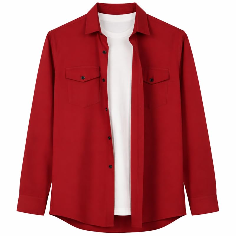 DEELMO Men Solid Slim Fit Casual Overshirt Style Shirt | Full Sle...