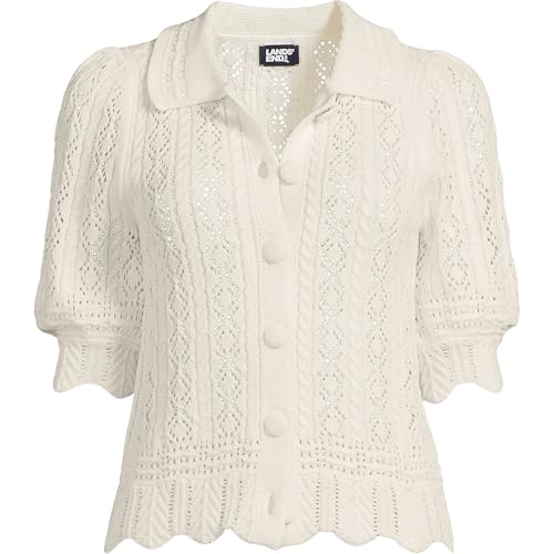 Lands' End Women's Lace Pointelle Puff Sleeve Cardigan Sweater Medium Fresh Ivory3