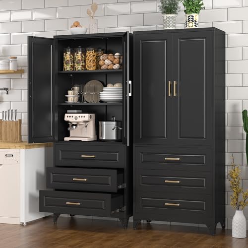 Image of Polup Kitchen Pantry Cabinet, 75 inch Tall Pantry Cabinet with Three Drawers, Metal Storage Cabinets with Doors and Shelves, Freestanding Food Cupboard for Dining, Living Room, Black, Assembly Required