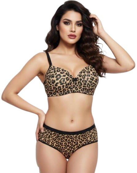 Women's Leopard Print Padded Non-Wired T-Shirt Bra & Hipster Panty Lingerie Set | Soft Stretch Nylon Brown 36C-picture-26