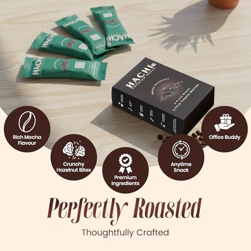 Image of HACHI Healthy Mocha Hazelnut Granola | Pack of 4 (35 g Each) | Crunchy Granola with Rolled Oats, Hazelnuts, Coffee & Jaggery | Nutritious Snack for Travel, Tiffin & Office