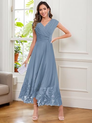 Tea Length Mother of The Bride Dresses for Wedding Lace Applique Cap Sleeve Sequin Formal Evening Dresses for Women Elegant2