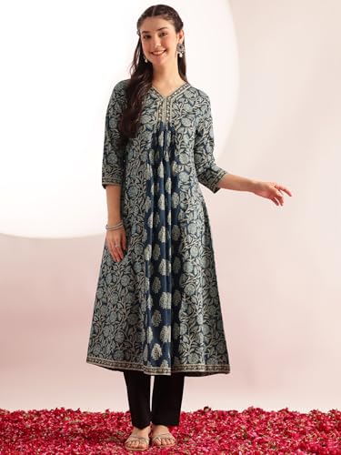 Image of Vbuyz Cotton Floral Printed A-Line Mirror Work Kurta for Women