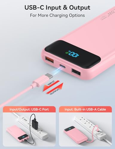 Portable Charger, 10000mAh 22.5W Fast Charging Power Bank with 4 Built-in Cables, Travel Essentials Battery Pack with LED Display, 6 Outputs Charging Bank Compatible with iPhone, iPad, Samsung Pink - Image 7