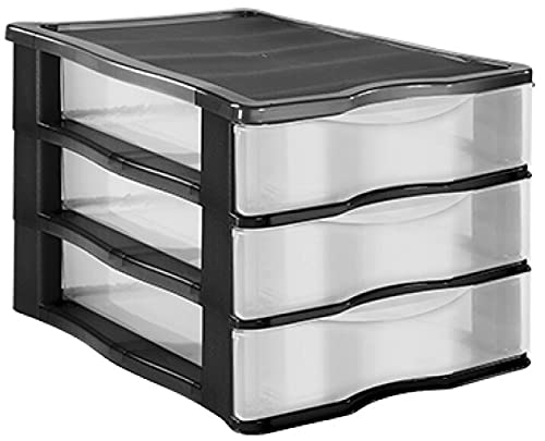 TIENDA EURASIA® Cajonera de Plastico de Sobremesa Apilable - Estructura de Color y Cajones Transparentes - Ideal para organizar el escritorio (Negro, 3 Cajones - 36 x 23,5 x 28 cm)