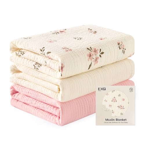 EXQ Home Muslin Swaddle Blankets for Baby 3 Pack Cotton Breathable Soft Receiving Blankets for Newborn Boys and Girls Baby Essentials & Gift 38x40 inches(Pink Blossoms)