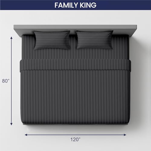 Image of SGI bedding 120 inch W x 80 inch L 4Pc Family King Sheet Set 100% Egyptian Cotton - 600 Thread Count, Fits 12 inch Deep Pocket - Soft Breathable Oversized Sheets, for Extra Large Beds - Dark Gray Stripe