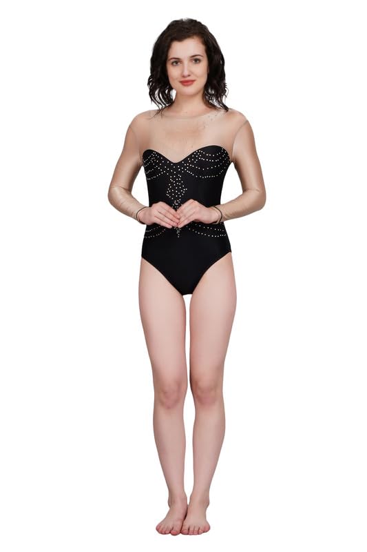 SwadesSports Nude, Black Highly Embellised Competetive Leotard- perfect for various games like artistic gymnastics ,yoga, ballet, mallkhamb, acrodance, dance, cry wheel, skating ,malllkhamb-image-47
