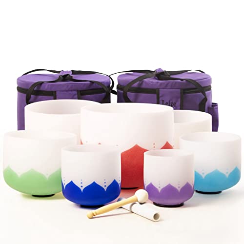 Leize 6-12 inch Lotus Design Chakra Tuned 432hz Set of 7 Quartz Crystal Singing Bowls with Heavy Duty Carrying Cases and Singing Bowl Mallet Suede Strikers