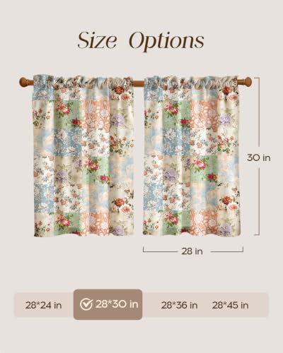 Image of Miss Adola Boho Kitchen Curtains - 30 Inch Length Linen Blend Vintage Floral Cafe Curtains Country Tier Curtain Short Drapes Rod Pocket for Bathroom Living Room Windows Light Filtering, 2 Panels