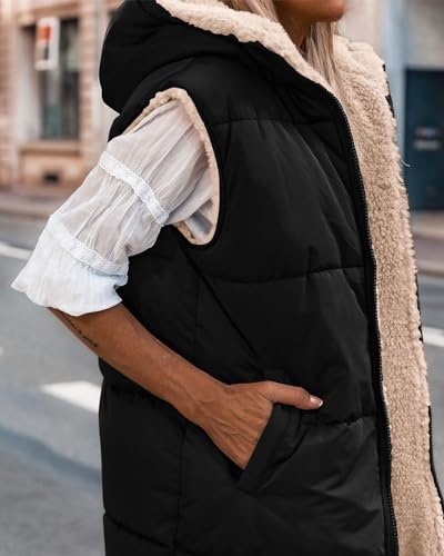 BTFBM Fall Long Puffer Vest Women Sleeveless Hooded Reversible Fleece Sherpa Jacket Zip Up Winter Coat Outerwear Vests4