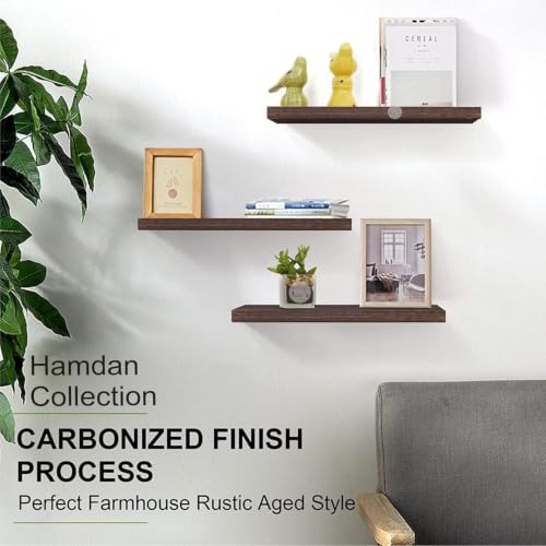 Image of Hamdan Collection Floating Shelves, 24 Inch Wall Shelf Set of 2, Rustic Wood Shelves for Wall Storage, Wall Mounted Wooden Display Shelf for Bathroom Bedroom (Brown 17, S3 17 Inch B)