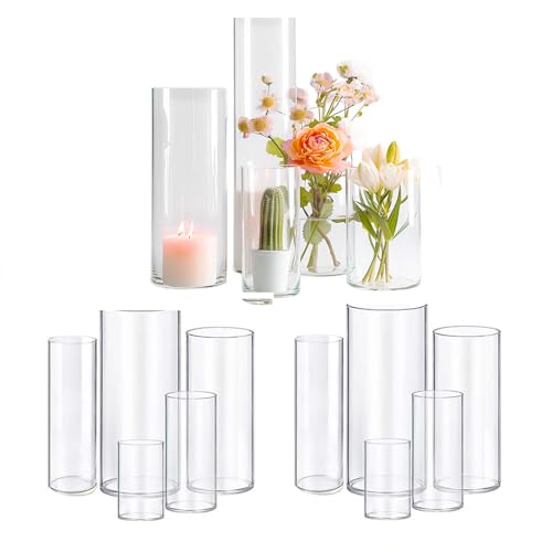 Set de 15 vases cylindriques en Verre pour la décoration de fêtes, Mariages ou banquets (5, 10+15+19+20+25 cm)