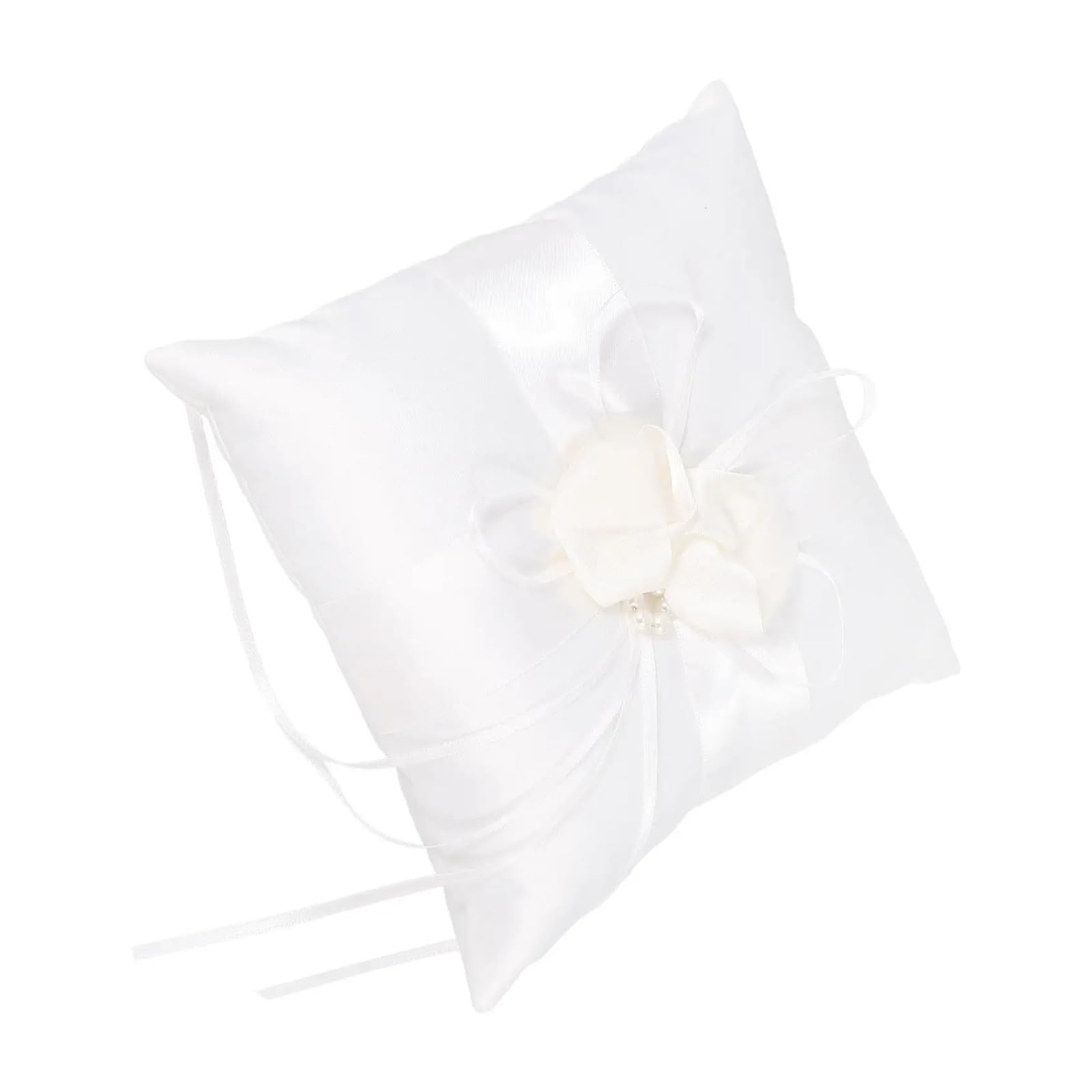Cojín de anillos de boda blanco 20x20 cm con forma de capullo de flor en satén elegante