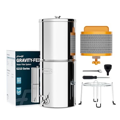 Frizzlife G210-SCALE Travel Gravity-Fed Water Filter System, NSF Certified Element with Scale Inhibition Reduces 99% Chlorine, Odor, Impurity, Purifier System with Stand for Home, Camping, 2