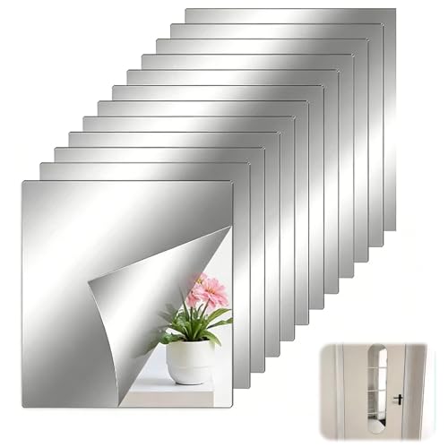 Lot De 12 Miroir Adhesif Mural 20x20cm, Autocollants Flexibles Et Légers, Décoration Murale DIY Pour Salle De Bain, Chambre, Salon, Couloir Et Espace De...