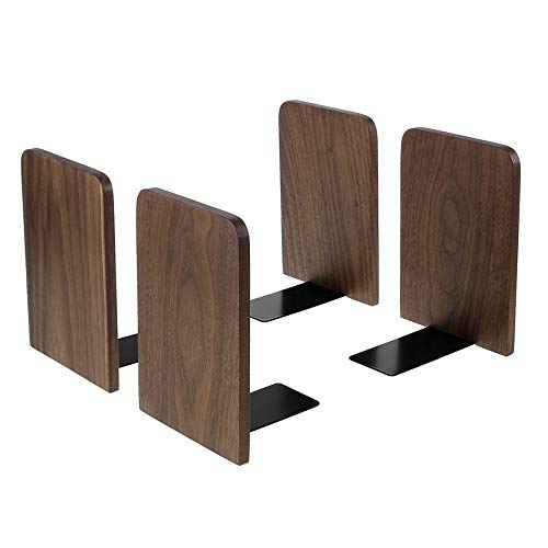 Bookends, Book Ends for Shelves, Metal Base Non-Skid Wood Bookends for Heavy Books