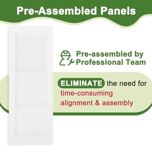 CRUTOP 24\'\'x80\'\' 3-Panel Solid Core Interior Door Slab Shaker, Pre-Built Panel for Barn Door, Pocket Doors, French Doors, for Pantry, Bedroom, Closet, Laundry & Bathroom, White Prefinish&Paintable