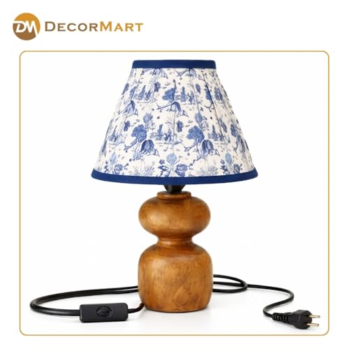 Image of The Decor Mart Printed Shade Table Lamp with Wooden Base|Sleek Decor Decorative Beside Light for Desk,Bedroom, Living Room, Home Office and Hotel(20x20x30 cm) (Blue)