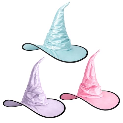 Newcotte 3 Pcs Pastel Witch Hat for Summer Halloween Women Wizard Hat Costume Accessories for Halloween Cosplay Party
