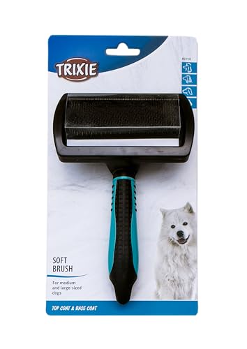 TRIXIE Softbürste für die Fellpflege - weiche Metallborsten - gummierter Kunststoffgriff - schwarz/blau - 12 x 20 cm - 24133