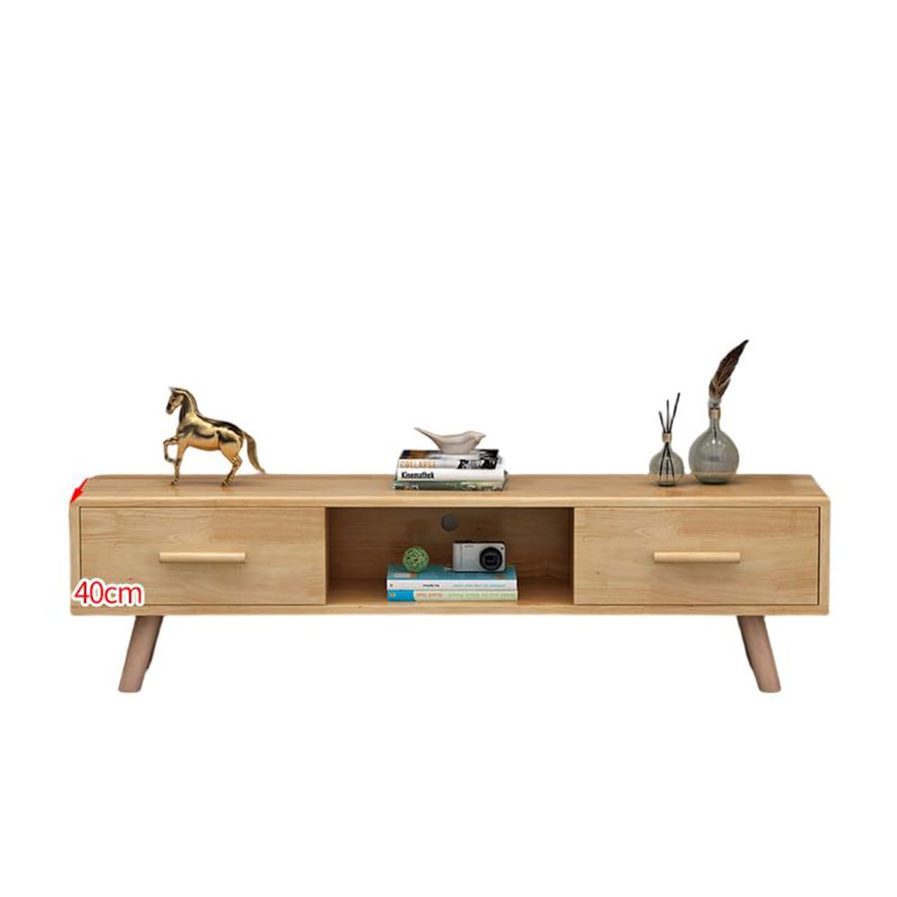 Consola de TV rectangular de madera de caucho con 2 cajones y 1 estante, soporte de TV moderno para juegos y entretenimiento, mueble para equipos multimedia, acabado natural, 47" de largo x 12" de