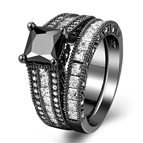 2pcs Women Engagement Ring Set Cubic Zirconia Bridal Wedding Band Square Cut Simulated Diamond Ring (Black, 6)3