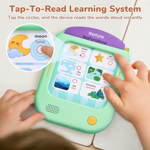 Image of JoyCat Bilingual Kids Learning Tablet, 106 Pages Spanish & English Talking Cards with 20 Interactive Games, Montessori Toy for Alphabet, Words, Numbers, Colors & Songs, Learning Gifts for Toddler 2-6