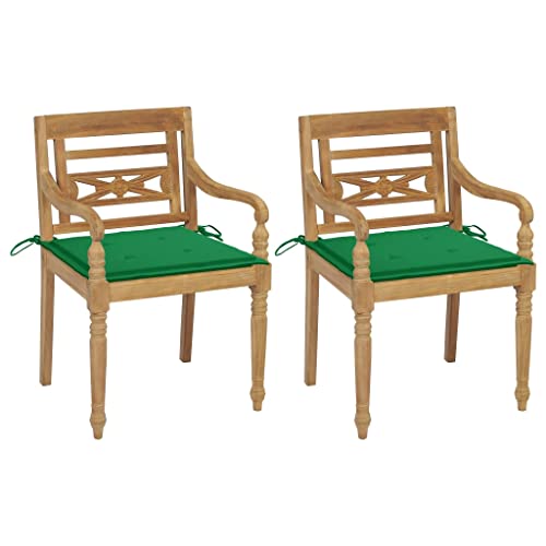 KCCKOM Batavia Chairs 2 pcs with Green Cushions Solid Teak Wood, Outdoor Furniture, Outdoor Chairs