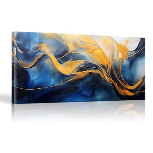 Impression abstraite grande toile art mural marbre bleu et or moderne 50x100