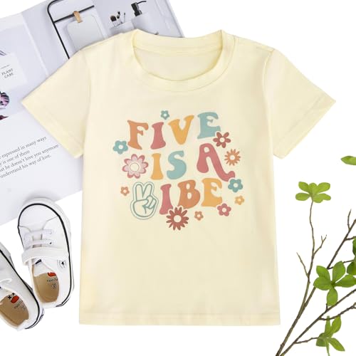 Birthday Girl Shirt Toddler 5th Birthday Shirt Five is A Vibe Print T-Shirt Cute Short Sleeve Outfit Kids4