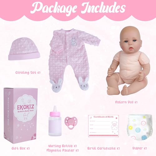 Image of EKOKIZ 18 Inch Reborn Baby Doll - Weighted Lifelike Newborn Girl with Soft Cloth Body, Vinyl Limbs & Rabbit-Themed Outfit, Realistic Hand-Painted Doll for Kids 3+ for Cuddling & Pretend Play