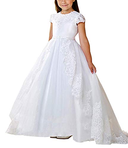 GZCYL Communion Dresses for Girls 7-16 Short Sleeve Lace Princess Flower Girl Ball Gowns White