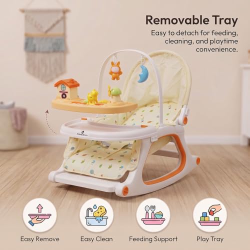 Image of StarandDaisy Dreamy Baby Rocker Chair with Play Tray, Mosquito Net & Toy Bar | Adjustable Recline, 3-Point Safety Harness | Infant Rocking Seat, Feeding Chair for Newborns & Toddlers 0-3 Years (Beige)