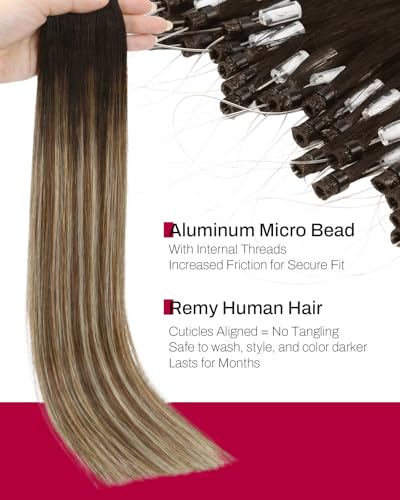 Image of Moresoo Microlink Hair Extensions Human Hair, Brown Bleach Blonde, 14 Inch | 50g 50 strands, no heat no glue, bleach blonde highlights, fine hair, natural brunette blend, everyday styling