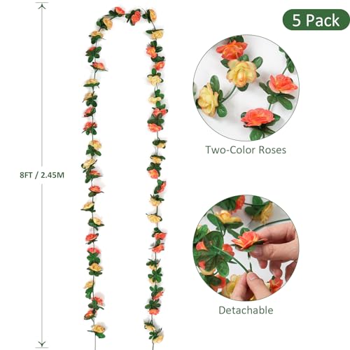 Weldomcor Pack of 5 Artificial Champagne Garland 40 FT Flower Garland Roses Vines Silk Flowers Outdoor Hanging Artificial Flowers Decoration for Wedding Arch Bedroom Wall Backdrop Garden Decoration - Image 2