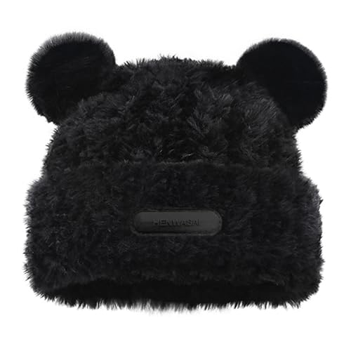 Cute Fuzzy Bear Ear Beanie Hat for Women Skin-Friendly Plush Warm Woolen Hat Winter Faux Fur Animal Knitted Hat Cap (Black)