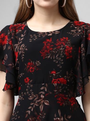 Image of Women Layered Georgette Fit & Flare Midi Dress | Round Neck Flutter Sleeve Knee Length Dress | Tiered Party Dress for Women Evening and Casual Styling