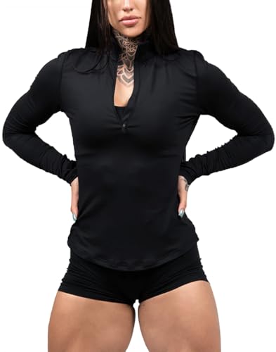 Damen Workout Fitness Langarm Athletic Slim Fit Crop-Tops Yoga-Shirts Fitness-Oberteile Schwarz S