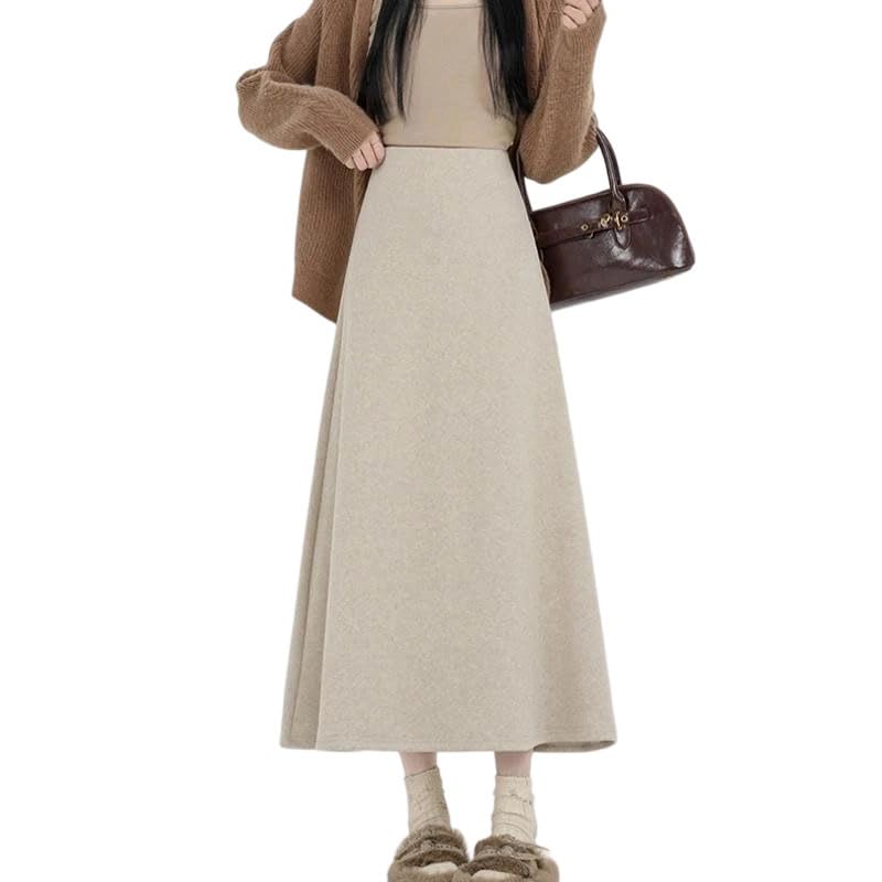 Womens Vintage Woolen High Waist Wrap Skirt Solid Straight A-Line Office Winter 2025