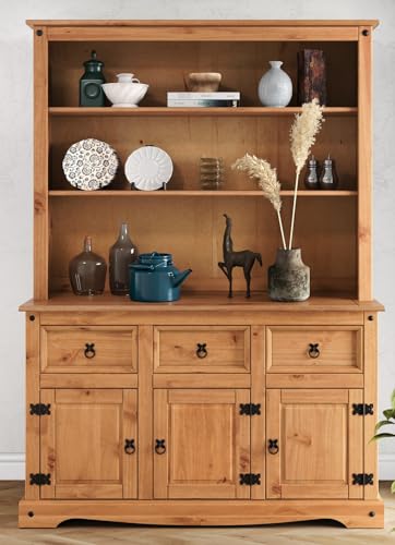 Corona Buffet Hutch Welsh Dresser Large Solid Wood Pine Wooden Sideboard Open Display Cabinet Unit Living Room Kitchen Dining Room Mexican Style 176cm High 125cm Wide 40cm Deep