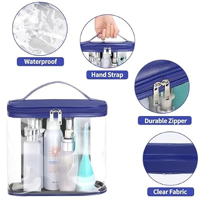 HAOGUAGUA Heavy Duty Leak Proof Clear Travel Bags for Toiletries, Transparent Makeup Cosmetic Bag with Zipper and Handle (1PCS BLUE, Large)