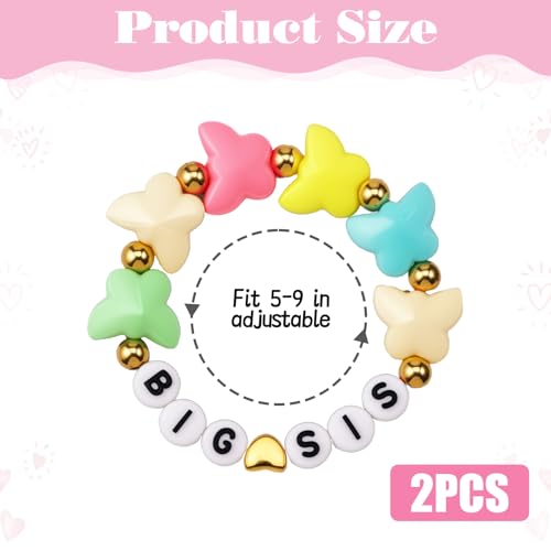 2pcs Big Sister Bracelets Butterfly Charm Colorful Rainbow Letter Beads Bangles Surfer Stretch Stackable Jewelry Accessories Gift for Big Sis Bestie Birthday2