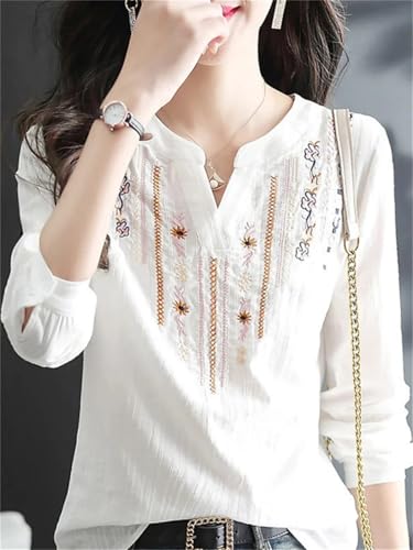 Women Blouses Casual Embroidery V-Neck Long Sleeve Vintage Loose Blusas Top3