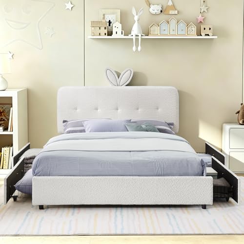 Image of Queen Led Bed Frame with 4 Storage Drawer, Upholstered Platform Floor Bed with Rabbit Ear Headboard Daybed Strong Wooden Slats No Box Spring Needed for Kids Girls Boys, Beige