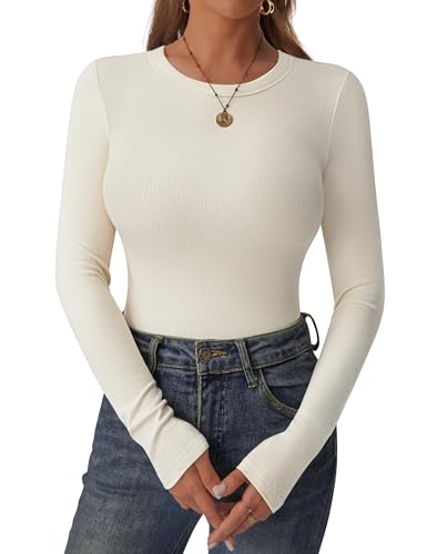 C.O.Z.Y Womens Long Sleeve Shirts Ribbed Crewneck Slim Fit Tops Casual Layering Basic Tee T-Shirt Trendy Outfits Apricot