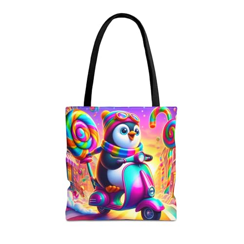 Premium Tote Bag with Reinforced Stitching - Vivid Penguin Riding Scooter in Candy-Coated City