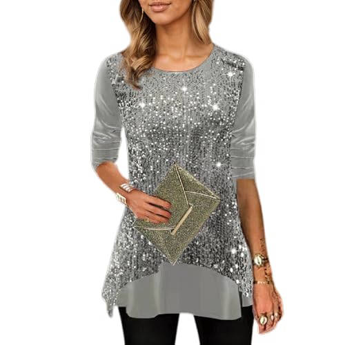 Akivide Women's Sparkly Sequin Tunic Tops Long Sleeve Fall Winter Sparkle Formal Cocktail Christmas Party Tops Blouse